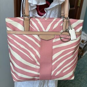 Coach Pink zebra striped tote  canvas/light tan leather trim/2 hangtags like new